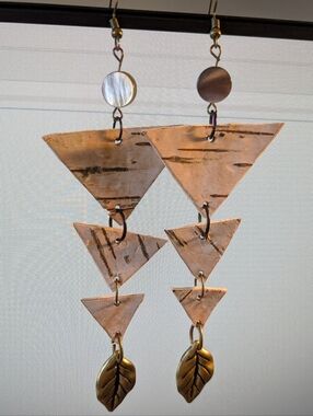 Native American Birch Bark Triangle Earrings - Gold Tone Leaf Pendant